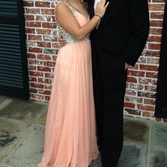 La Femme Apricot Gem V-Neck Prom Dress Gown - Picture 3 of 4